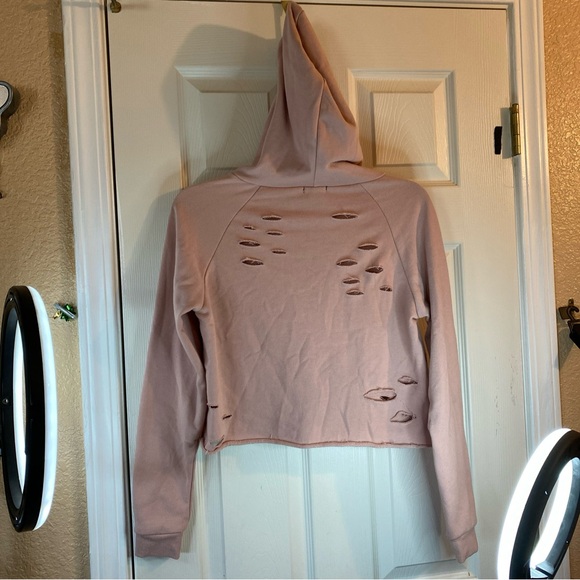 Rue21 Women M Hoodie Sweatshirt Crop Cut Out Holes Distressed Pullover Casual - Picture 7 of 11